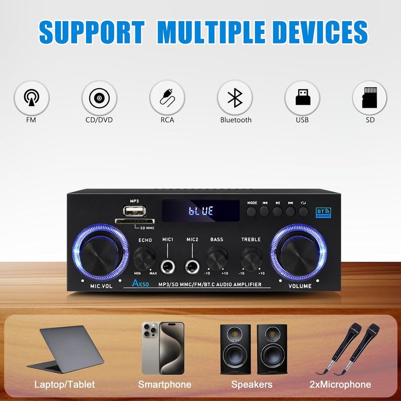 WOOPKER AK50 Amplifier Home Audio Stereo Receivers with Bluetooth 5.0,Max 500W,2.0 Channel Stereo Amplifier System for Home Theater Speakers,Garage,Home Amp with USB,SD,RCA,2 MIC in - Image 3